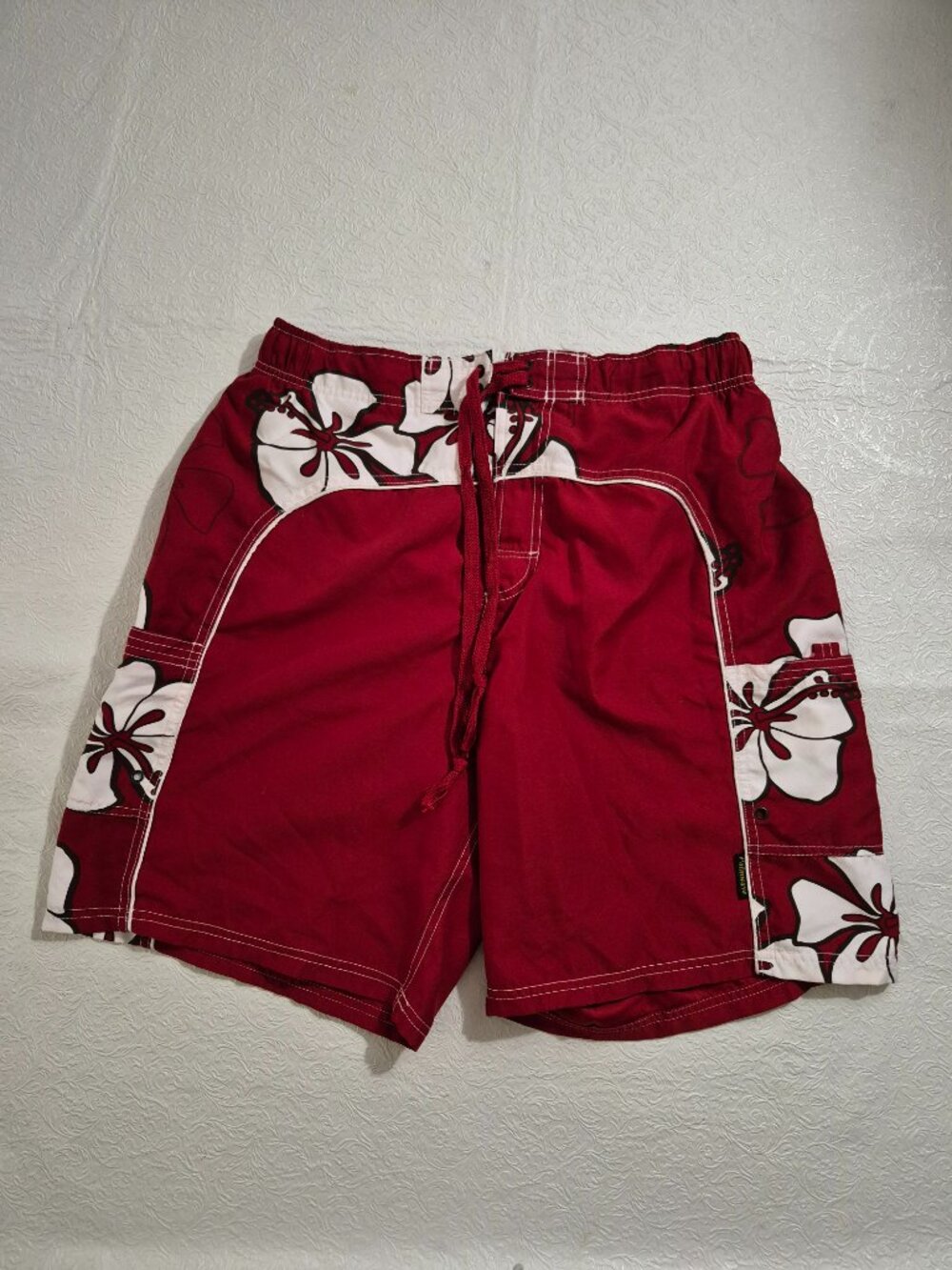 Palmwave Mens L Maroon Red White Floral Hawaiian Knit Lined Swim Trunks Shorts